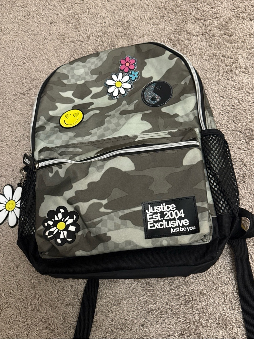 Justice Green Camo Patch Backpack with Floral & Smiley Accents